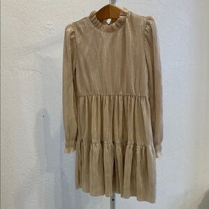 Girls' Beige Ruffle-Neck Tiered Long-Sleeve Dress